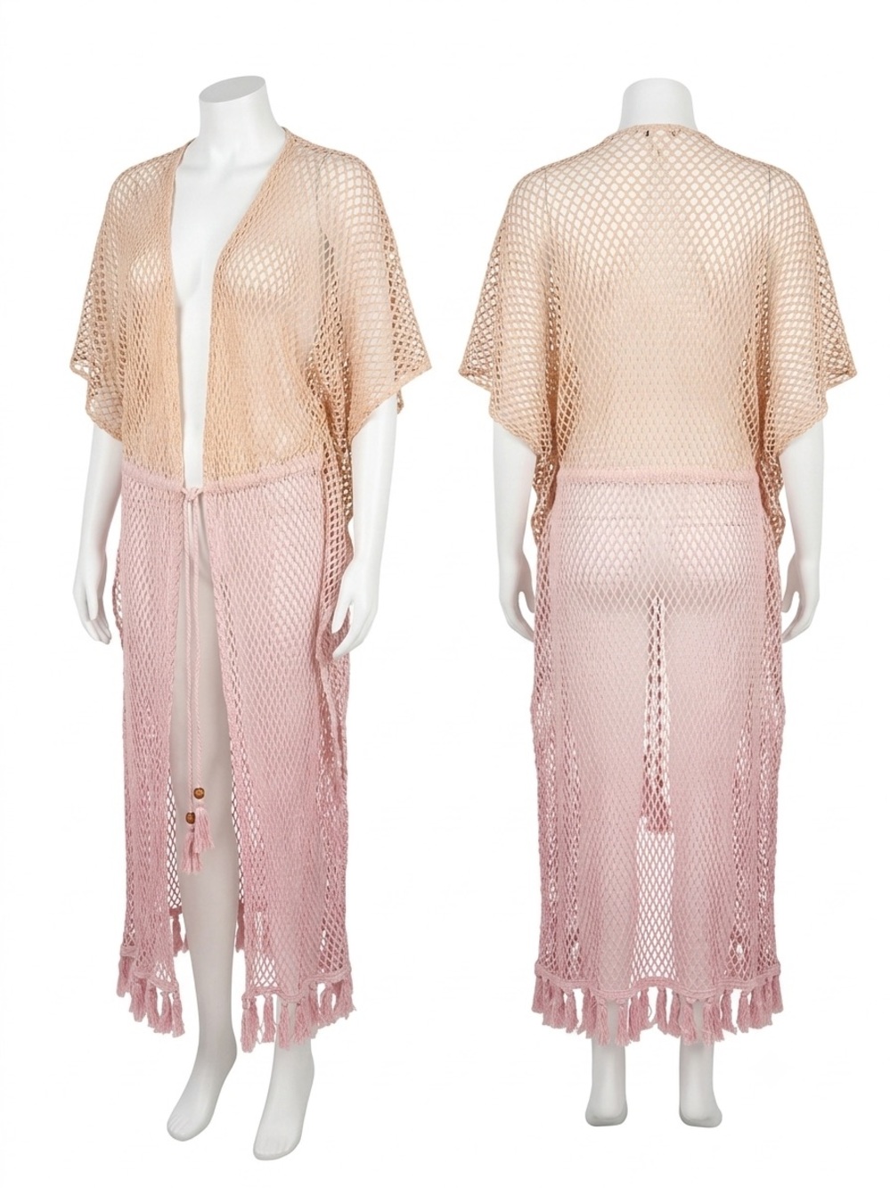 Turks & Caicos ombre KimonoCrochet Maxi Beach Cover-Up in Blush and Nude L/XL